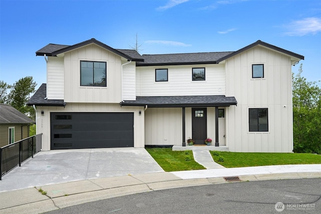 3709 Bristol, Bellingham, WA 98226 - modern farmhouse featuring roof with shingles, an attached garage, driveway, and board and batten siding