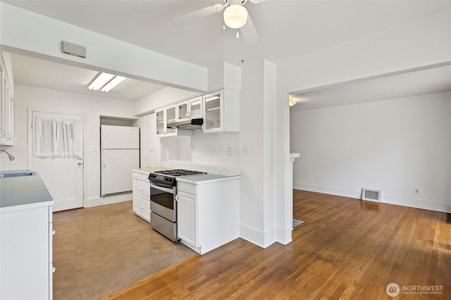 kitchen with ceiling fan, gas stove, a sink, freestanding refrigerator, and visible vents