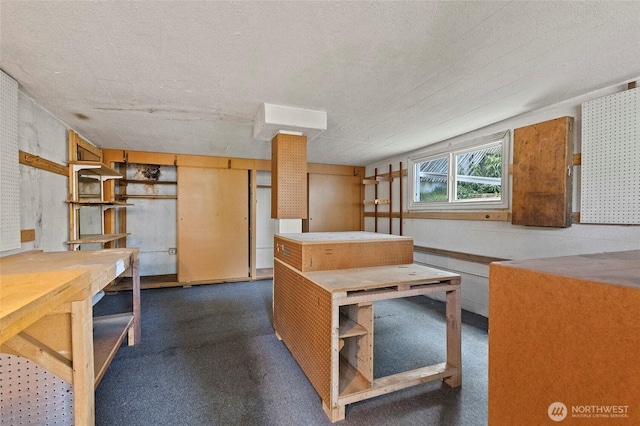 below grade area with a workshop area and a textured ceiling