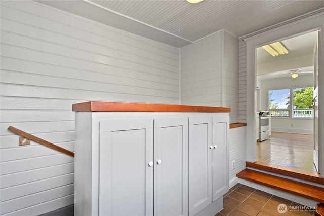 details featuring wooden walls and stainless steel range with electric cooktop