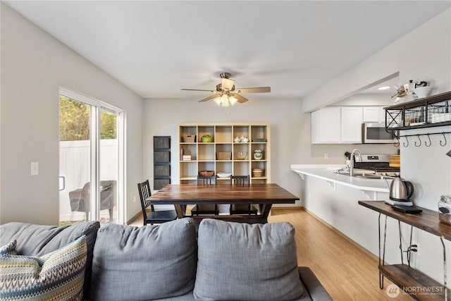 dining area featuring ceiling fan and light wood finished floors