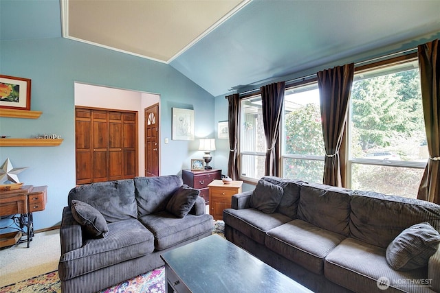 carpeted living room featuring baseboards, vaulted ceiling, and plenty of natural light