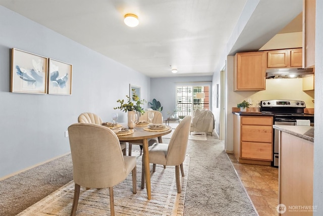 dining room with baseboards and light carpet