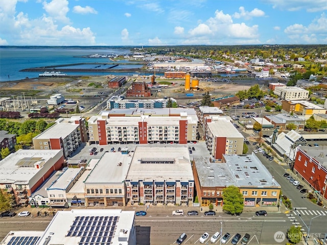 drone / aerial view featuring a water view