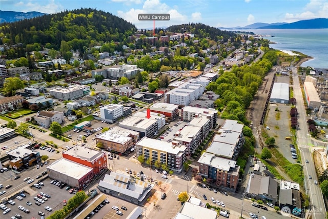drone / aerial view with a water and mountain view