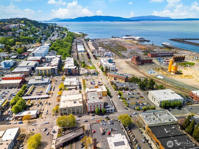 bird's eye view featuring a water and mountain view