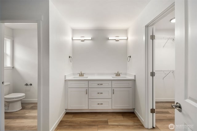 full bathroom featuring wood finished floors, toilet, double vanity, and a sink