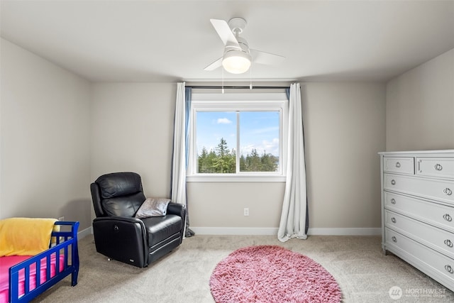 bedroom with carpet floors, baseboards, and ceiling fan