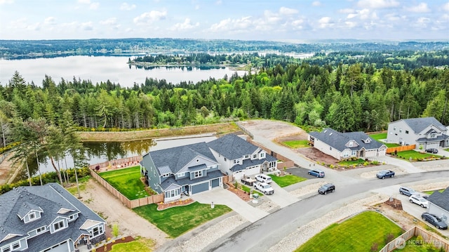 bird's eye view with a residential view and a water view