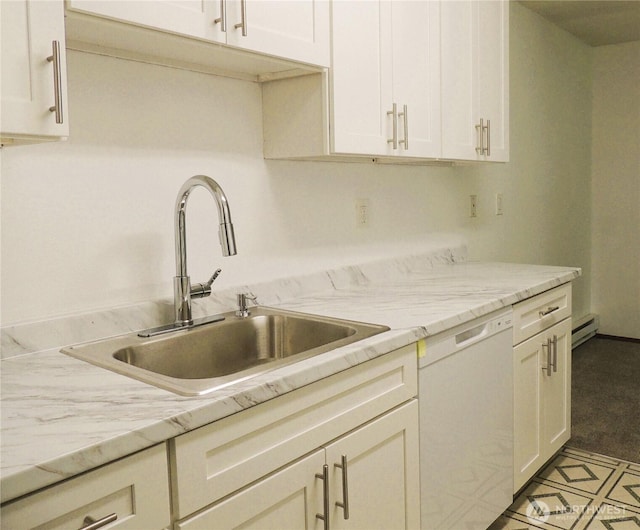 kitchen featuring a sink, a baseboard heating unit, dishwasher, and white cabinets