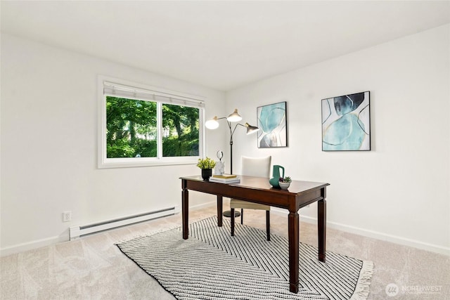 carpeted home office with baseboards and a baseboard heating unit