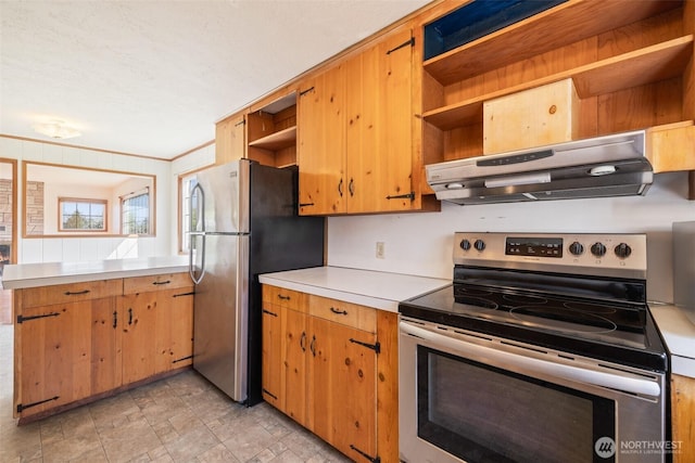 kitchen with open shelves, under cabinet range hood, appliances with stainless steel finishes, light countertops, and a peninsula