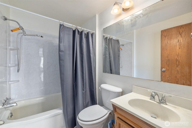 full bath with toilet, shower / tub combo, and vanity