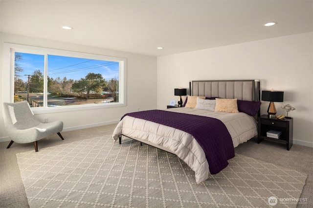 carpeted bedroom with baseboards and recessed lighting