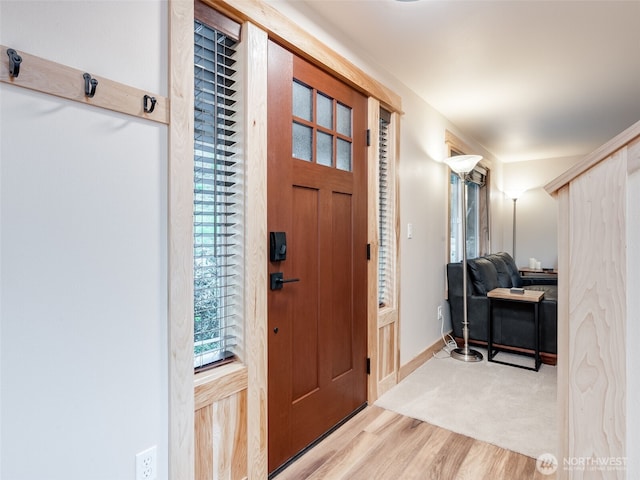 foyer entrance with baseboards and wood finished floors