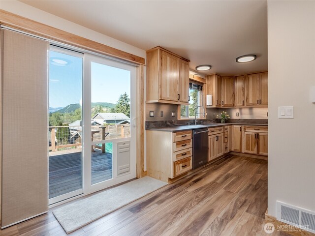 kitchen with a sink, visible vents, dark countertops, dishwasher, and wood finished floors