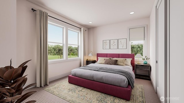 bedroom with recessed lighting, carpet flooring, and baseboards