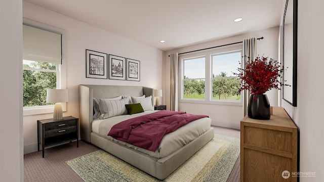 bedroom with recessed lighting and carpet