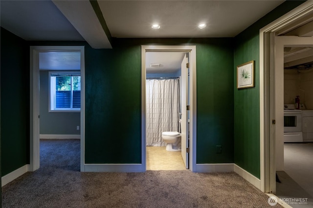 122 W Dayton Ave, Dayton, WA 99328 - unfurnished bedroom featuring washing machine and dryer, carpet flooring, baseboards, recessed lighting, and connected bathroom