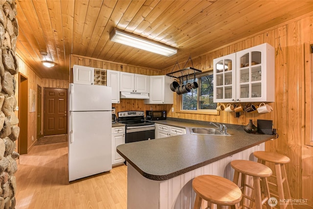 18016 Glacier Rim Dr, Glacier, WA 98244 - kitchen with a sink, under cabinet range hood, stainless steel range with electric cooktop, black microwave, and freestanding refrigerator
