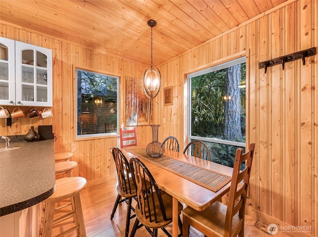 18016 Glacier Rim Dr, Glacier, WA 98244 - dining area featuring wooden walls, baseboards, light wood-style flooring, and wooden ceiling