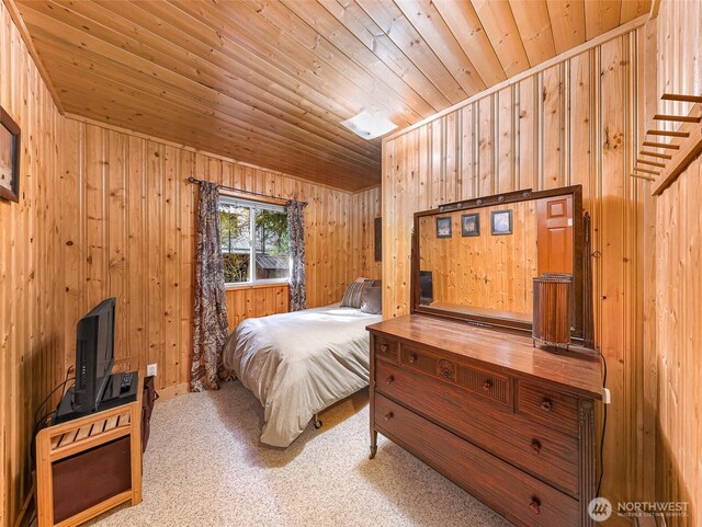 18016 Glacier Rim Dr, Glacier, WA 98244 - carpeted bedroom featuring wooden ceiling and wood walls
