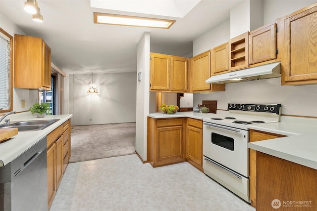 kitchen with stainless steel dishwasher, a sink, light countertops, under cabinet range hood, and white range with electric cooktop