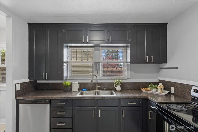 kitchen featuring a sink, dark countertops, black range with electric stovetop, and dishwasher