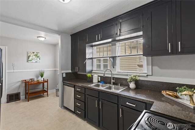 kitchen with dark countertops, a sink, dishwasher, dark cabinetry, and visible vents