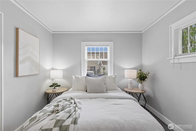 bedroom with crown molding and baseboards