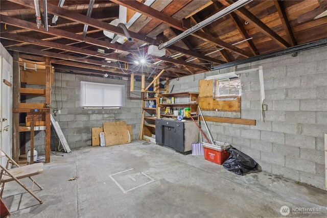 below grade area with concrete block wall