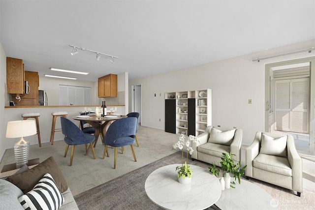 living area with light colored carpet and rail lighting
