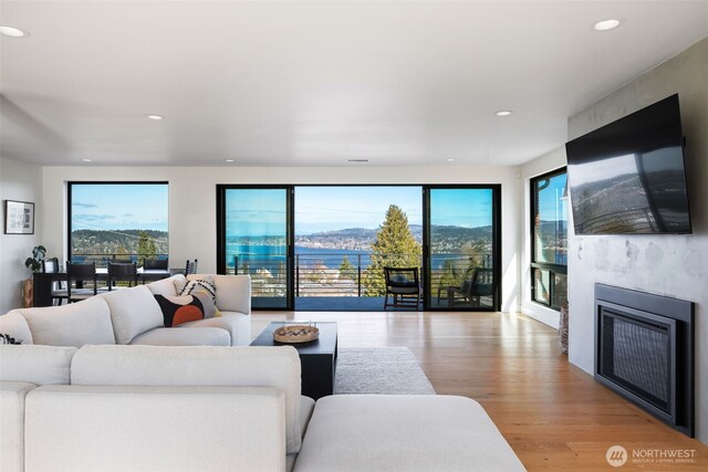 living room featuring light wood-style floors, recessed lighting, and a premium fireplace