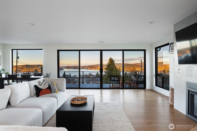 living room featuring recessed lighting, wood finished floors, and a glass covered fireplace