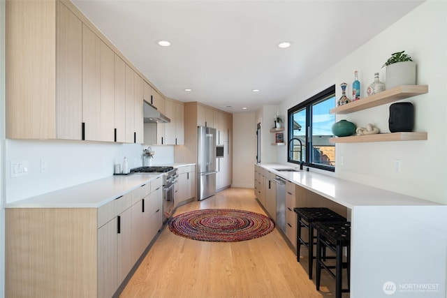 kitchen featuring open shelves, a sink, under cabinet range hood, light wood finished floors, and high quality appliances