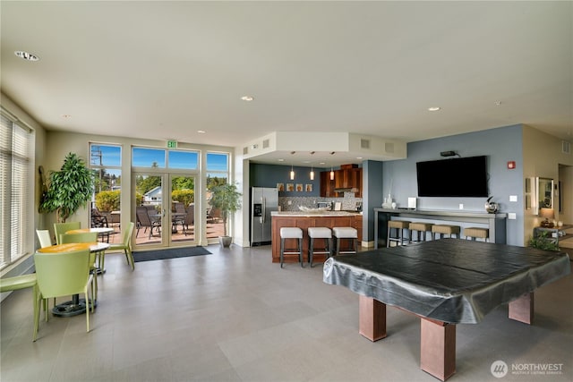 rec room with recessed lighting, pool table, visible vents, and french doors