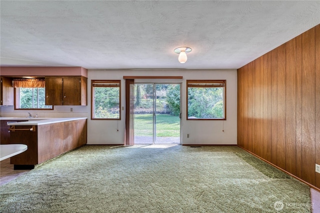 3828 Harbel Dr NE, Bremerton, WA 98310 - kitchen featuring wood walls, a textured ceiling, light colored carpet, and light countertops
