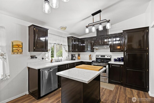 kitchen with appliances with stainless steel finishes, a sink, light countertops, under cabinet range hood, and dark wood-style flooring