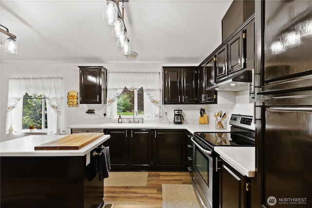 kitchen with stainless steel electric range, freestanding refrigerator, under cabinet range hood, light wood finished floors, and a sink