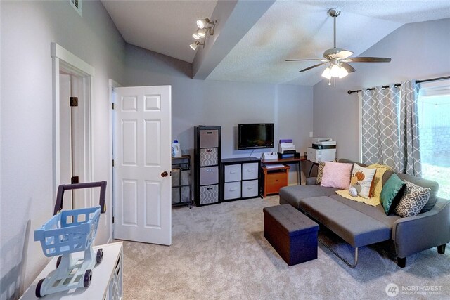 4204 Arbordale Ave W, University Place, WA 98466 - living room with vaulted ceiling, light carpet, and ceiling fan