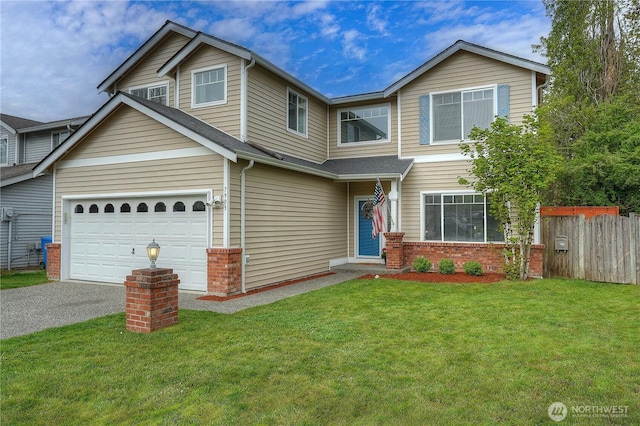 traditional-style home featuring a garage, a front lawn, fence, brick siding, and driveway