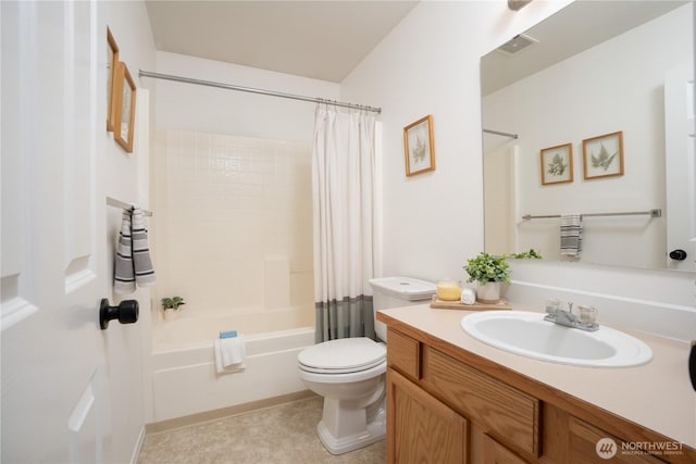 full bath featuring visible vents, shower / bath combo, toilet, and vanity