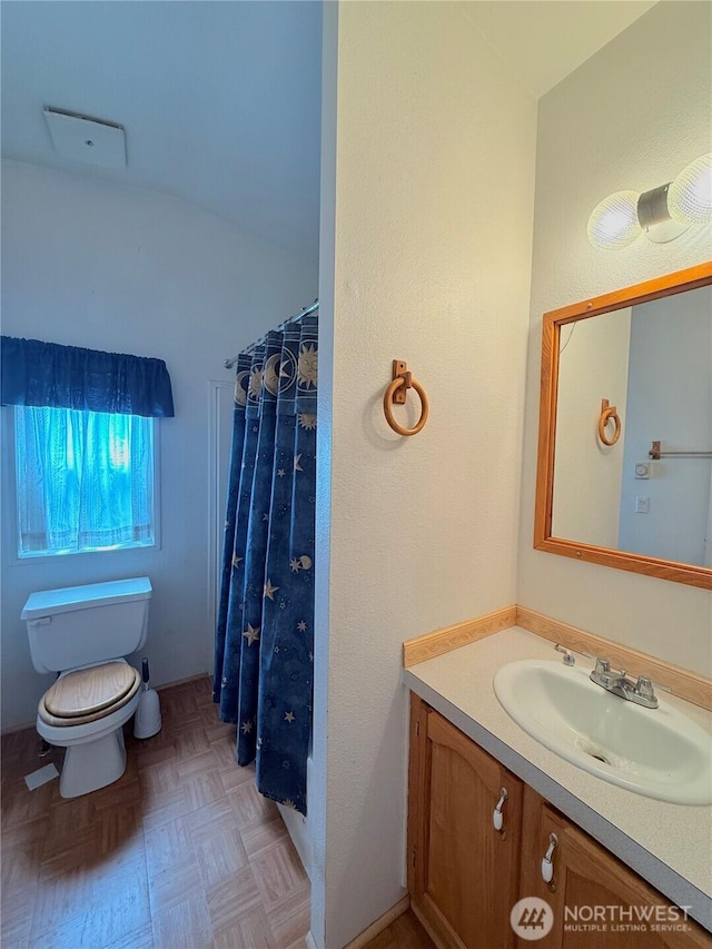 84 Weatherstone Rd, Omak, WA 98841 - bathroom featuring vanity, toilet, lofted ceiling, and a shower with shower curtain