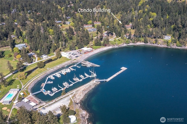 view of property location featuring a large body of water, a heavily wooded area, and a marina