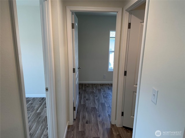 hallway featuring wood finished floors and baseboards