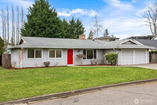 15510 NE 59th St, Redmond, WA 98052 - ranch-style house featuring concrete driveway, a chimney, a front lawn, an attached garage, and fence