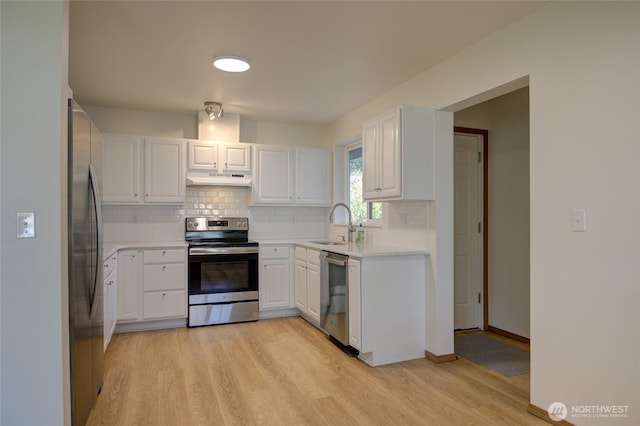 kitchen with a sink, light wood-style floors, stainless steel appliances, and tasteful backsplash