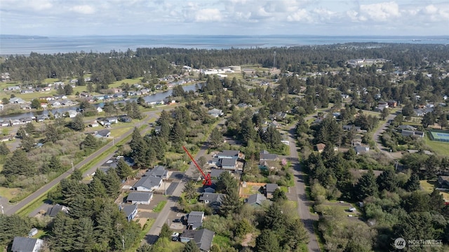 aerial view featuring a residential view, a water view, and a forest view