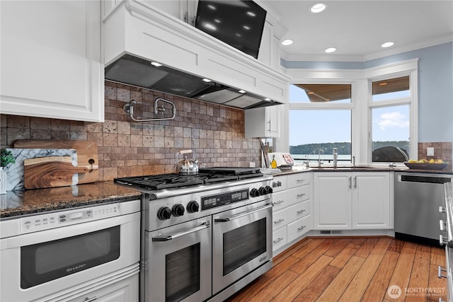 kitchen with white cabinetry, custom range hood, appliances with stainless steel finishes, and a sink