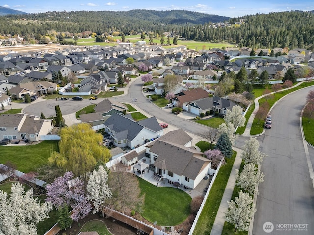 birds eye view of property featuring a residential view and a view of trees
